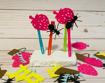 Picnic birthday party baby shower table food picks/ appetizers/ food label/ ants/ basket/ pendent banner/ strawberry / picnic table