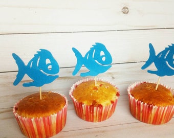 Under the sea fishing mermaid birthday party decoration confetti garland cupcake toppers / blue fish / one fish two fish