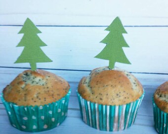 Light green pine tree cupcake toppers / lumberjack /camping/ PNW/pacific northwest/ camping/hiking/birthday/baby/bridal