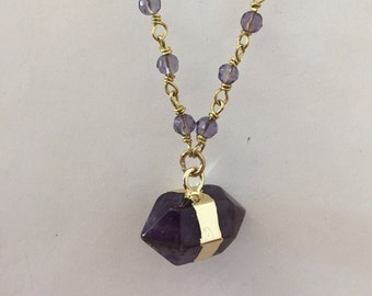 Purple Glass Beaded Rosary Amethyst Pendant Necklace