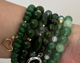 Green Hues Layered Beaded Stretch Bracelet – Handmade Bohemian Style