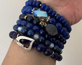 Stackable Dark Blue Bracelet – 6-Layer Handmade Beaded Stretch Jewelry