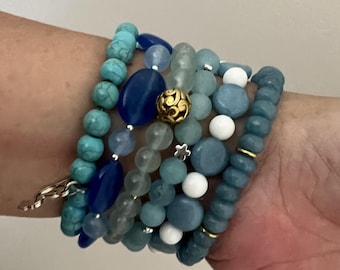 Artisan Beaded Bracelet Set – Six Light Blue Stretch Layers