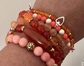 Six Strand Beaded Bracelet – Warm Orange Tones, Stretch Boho Style