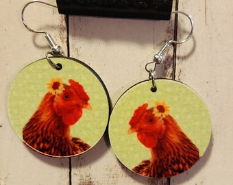 Hen with Sunflower Teardrop Earrings