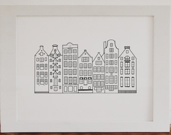 Impressão digital em preto e branco de desenho linear de Amsterdã, Holanda.