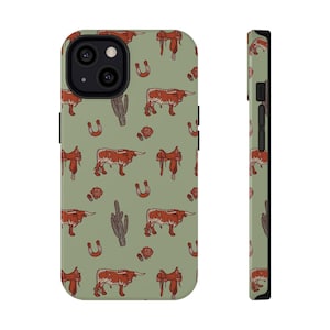 Western theme phone case, longhorn phone case, cactus print, Impact-Resistant Cases