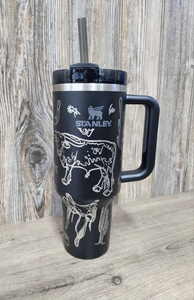 Western Theme Tumbler, Engraved Stanley, 40oz Quencher, Custom Cup,  Personalized Water Bottle, Western Gifts, Longhorn, Saddle, Cactus 