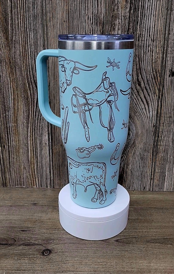 Western Theme Tumbler, Engraved Stanley, 40oz Quencher, Custom Cup,  Personalized Water Bottle, Western Gifts, Longhorn, Saddle, Cactus 