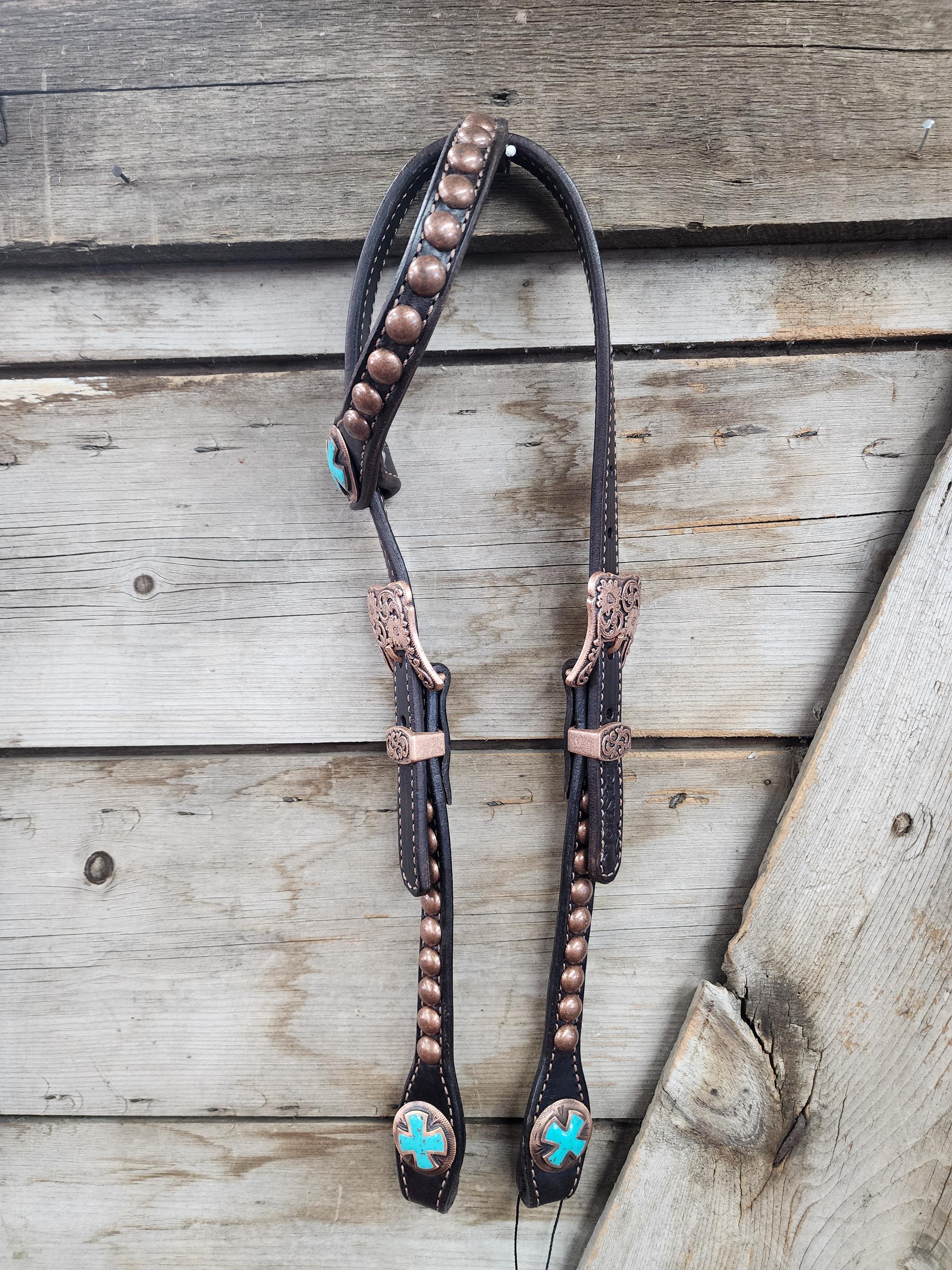 Chocolate, copper, and turquoise one ear headstall