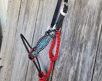 May include: A black leather horse halter with a turquoise and silver embellished browband. The halter features a red braided lead rope and silver-toned hardware. The halter is hanging against a weathered wooden background.