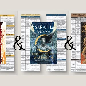 May include: Three rectangular reference guides for the Crescent City book series by Sarah J. Maas. Each guide features a book cover illustration, character lists, and faction details. The titles include House of Earth and Blood, House of Sky and Breath, and House of Flame and Shadow, with ampersands separating the three distinct informational charts.