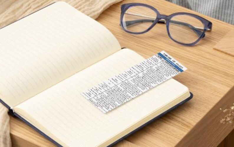 May include: An open notebook with lined pages and a small card with the text "FOREVER MY GLASS" on it. The card is a list of different types of glass.