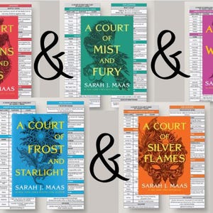 以下が含まれることがあります： サラ・J・マース著「A Court of Thorns and Roses」シリーズの5冊の本。表紙は赤、緑、紫、青、オレンジなど様々な色があります。各本の表紙にはタイトルと著者の名前が記載されています。