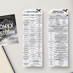 May include: A book cover for "Onyx & Storm" by Rebecca Yarros, featuring a black and white illustration of a dragon with a dark background. Two printable charts with information about dragons and riders from the book.