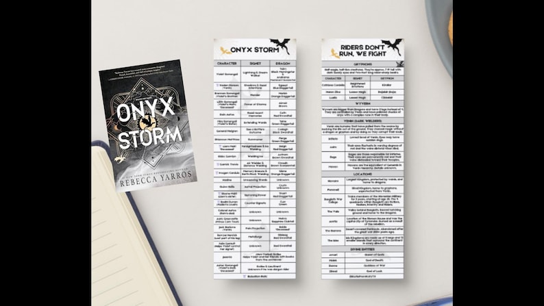 May include: A book cover for "Onyx & Storm" by Rebecca Yarros, featuring a black and white illustration of a dragon with a dark background. Two printable charts with information about dragons and riders from the book.