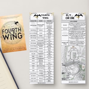 Könnte beinhalten: Zwei druckbare Lesezeichen mit einer Schwarzweißillustration eines Drachen und einer Karte. Die Lesezeichen sind für das Buch "Fourth Wing" von Rebecca Yarros. Der Text auf den Lesezeichen lautet "Fourth Wing" und "Fly... or Die".