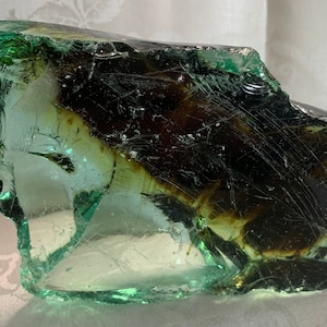Beautiful, Big, Aqua Blue-Green and Dark Amber  Colored Cullet, Slag Glass Chunk with Amber Inclusions 1.66 pounds