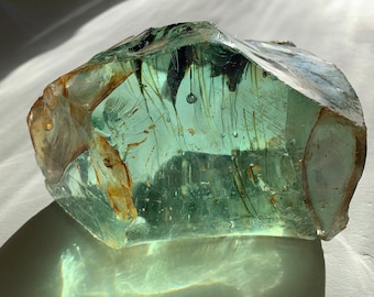 Beautiful Aquamarine Colored Cullet, Slag Glass Chunk with Amber Inclusions and Bubbles 1196 grams zzw
