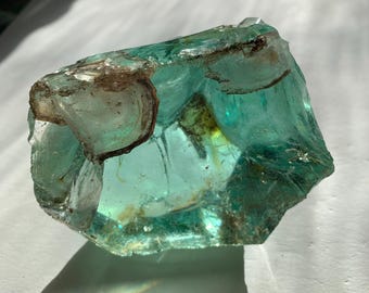 Beautiful Aquamarine Colored Cullet, Slag Glass Chunk with Amber Inclusions and Interesting Fracture Planes 460 grams zzu