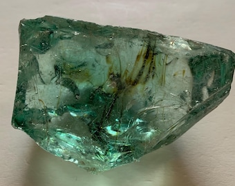 Beautiful Aquamarine Colored Cullet, Slag Glass Chunk with Amber Inclusions and Bubbles 384 grams zzzb