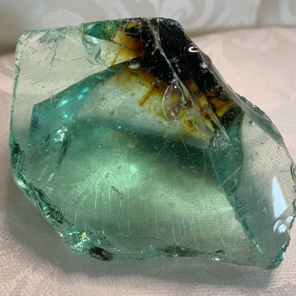 Beautiful, Aquamarine Colored Cullet, Slag Glass Chunk with Amber Inclusions -  127 grams