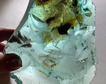 Beautiful Aquamarine Colored Cullet, Slag Glass Chunk with Amber Inclusions and Bubbles 1216 grams zaza