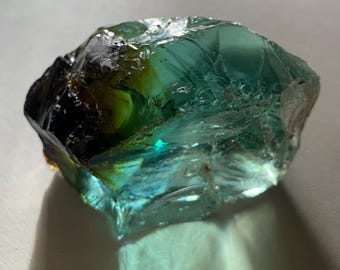 Beautiful Aquamarine Colored Cullet, Slag Glass Chunk with Amber Inclusions 306 grams zazd