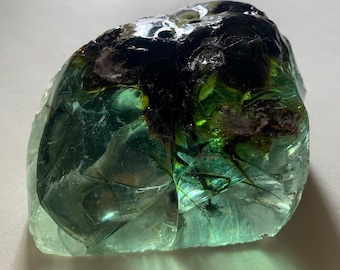 Beautiful Aquamarine Colored Cullet, Slag Glass Chunk with Dendritic Amber Inclusions and Fantastic Internal Fracture Planes 628 grams zazc