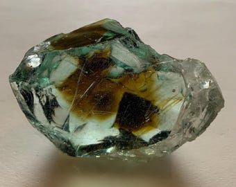 Beautiful Aquamarine Colored Cullet, Slag Glass Chunk with Amber Inclusions 296 grams zzuu