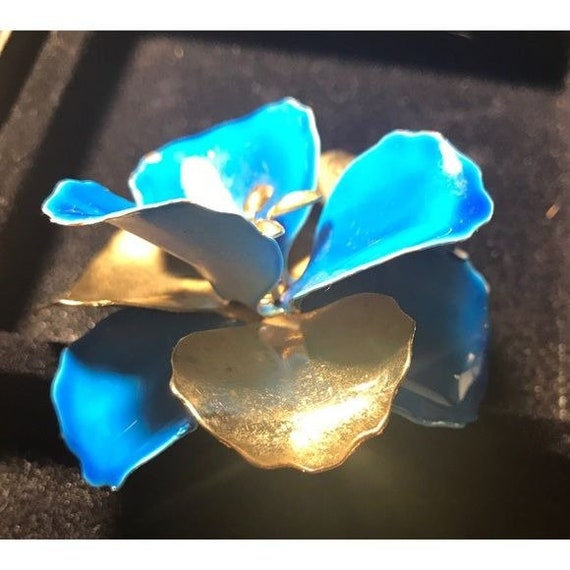 Gorgeous Blue & Gold Vintage Enamel Flower Pin - image 2