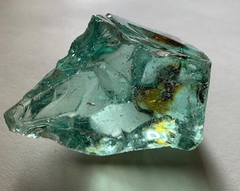 Beautiful Aquamarine Colored Cullet, Slag Glass Chunk with Amber Inclusions 452 grams zazi
