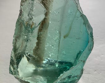 Beautiful Aquamarine Colored Cullet, Slag Glass Chunk with Inclusions, Fracture Planes, and Bubbles 494 grams zzs