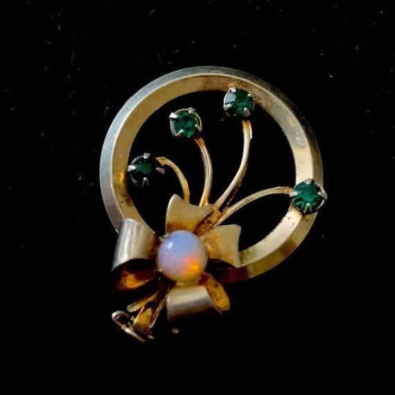 Vintage 1940s Silver, Emerald & Opal Pin - image 1