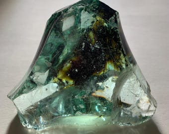 Beautiful Aquamarine Colored Cullet, Slag Glass Chunk with Amber Inclusions 498 grams zztt