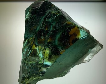 Beautiful Deep Blue-Green and Amber Slag Glass Chunk with Amber Inclusions 234 grams (n)