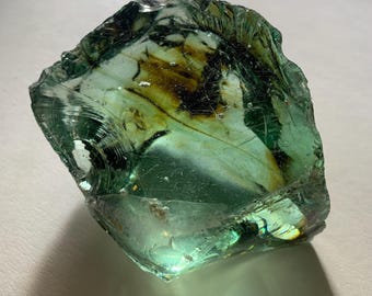 Beautiful Aquamarine Colored Cullet, Slag Glass Chunk with Amber Inclusions and Bubbles 482 grams zazg
