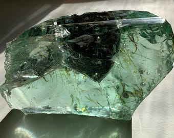 Beautiful Aquamarine Colored Cullet, Slag Glass Chunk with Amber Inclusions and Bubbles 2000 grams zzz