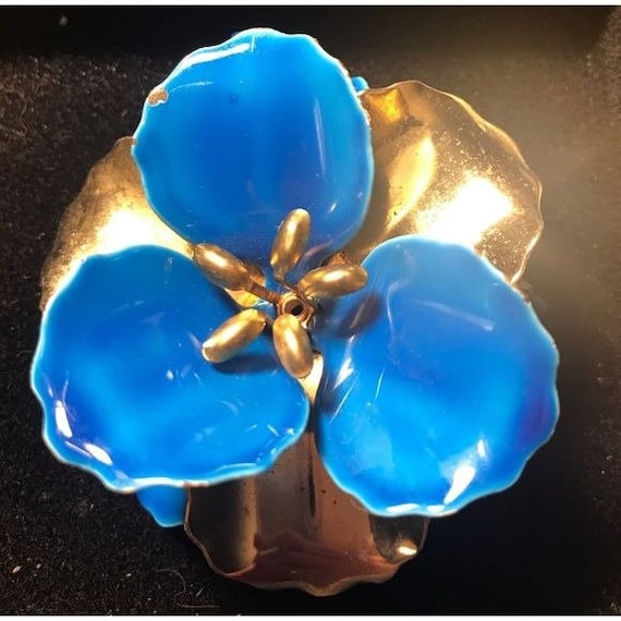 Gorgeous Blue & Gold Vintage Enamel Flower Pin - image 1