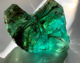 Beautiful Aquamarine Colored Cullet, Slag Glass Chunk with Amber Inclusions & Bubbles 284 grams Dm