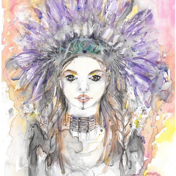Red Indian headdress style Lady Wall Art Print Woodlands Watercolour Whimsical creatures Animal
