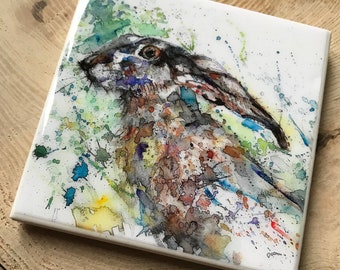 Ceramic Hare gift Coaster Handmade Watercolour Animal art Print