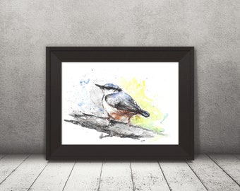 originele aquarel boomklever kunstprint Britse vogelmuur cadeau-idee