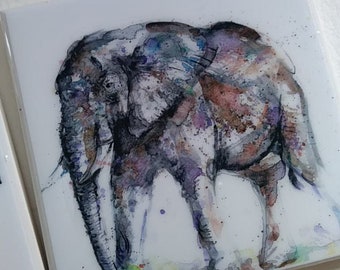 Elephant gift watercolour art print Handmade Ceramic tile coaster