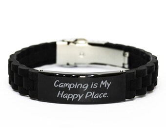 Campinggeluk: gegraveerde zwarte Glidelock-armband, perfect cadeau voor vrienden