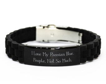 Russian Blue Love: gegraveerde zwarte Glidelock-armband, uniek cadeau voor kattenliefhebbers