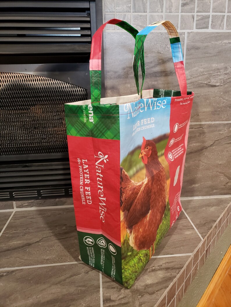 Reusable Shopping Bag Craft Tote Recycled Tote Bag Chicken Lover Gifts Upcycled Chicken Feed Bag Market Tote Repurposed Feed Sack