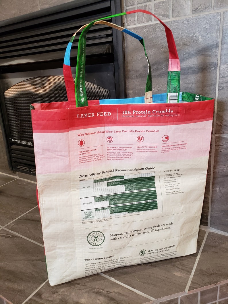 Reusable Shopping Bag Craft Tote Recycled Tote Bag Chicken Lover Gifts Upcycled Chicken Feed Bag Market Tote Repurposed Feed Sack