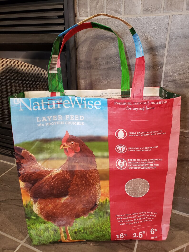 Reusable Shopping Bag Craft Tote Recycled Tote Bag Chicken Lover Gifts Upcycled Chicken Feed Bag Market Tote Repurposed Feed Sack