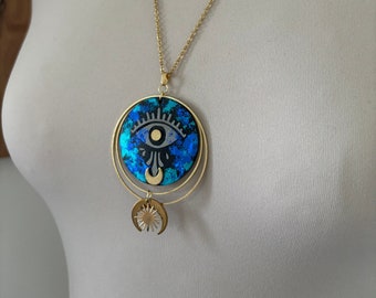 Evil Eye long necklace in painted recycled inner tube